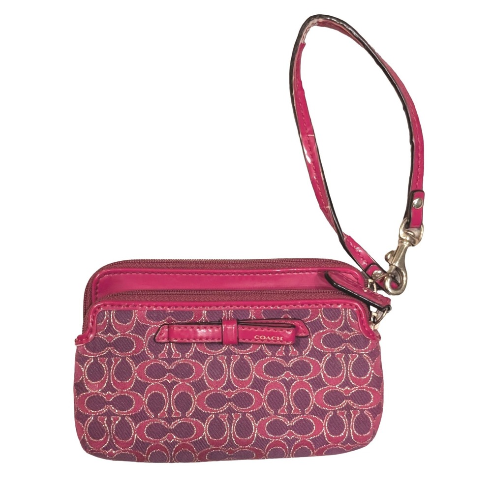 Coach Signature Monogram Pink Purple Metallic Double Zip Wristlet Bow Accent